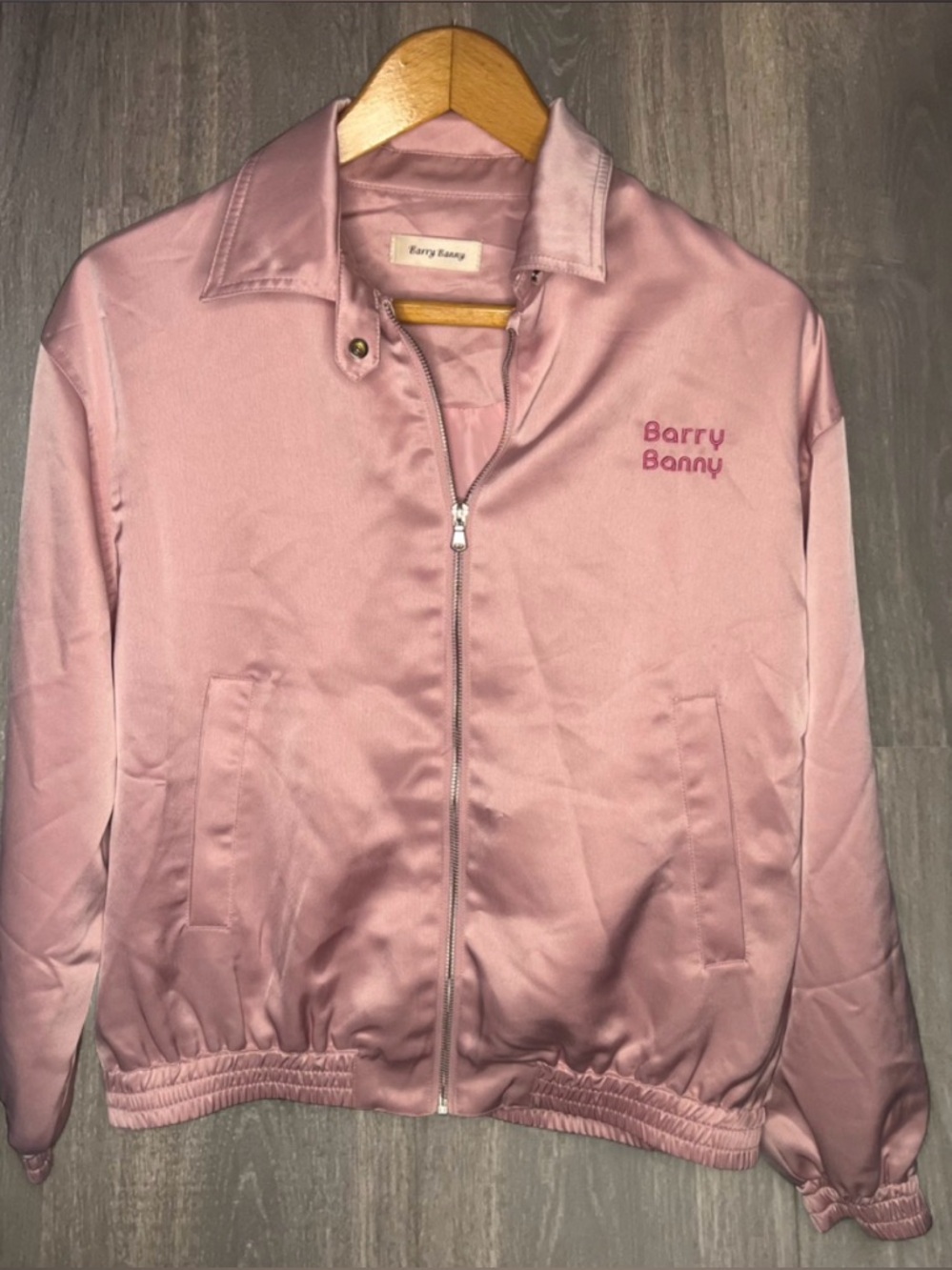 Barry Banny Pink Satin Jacket Embroidered Zip‎ Up Bomber Size M/L